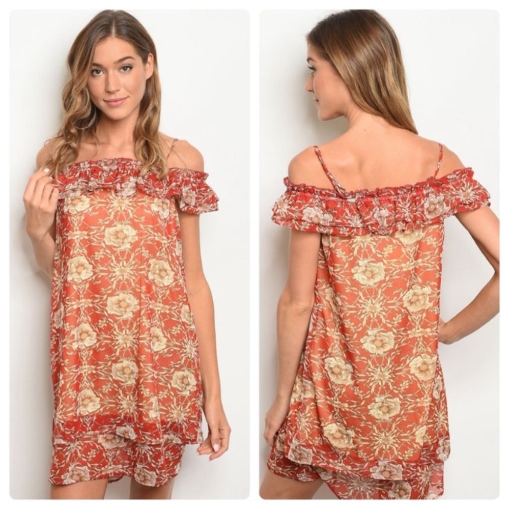 Boho Chic Cold Shoulder Rustic Floral Ruffle Dress - Picture 2 of 6